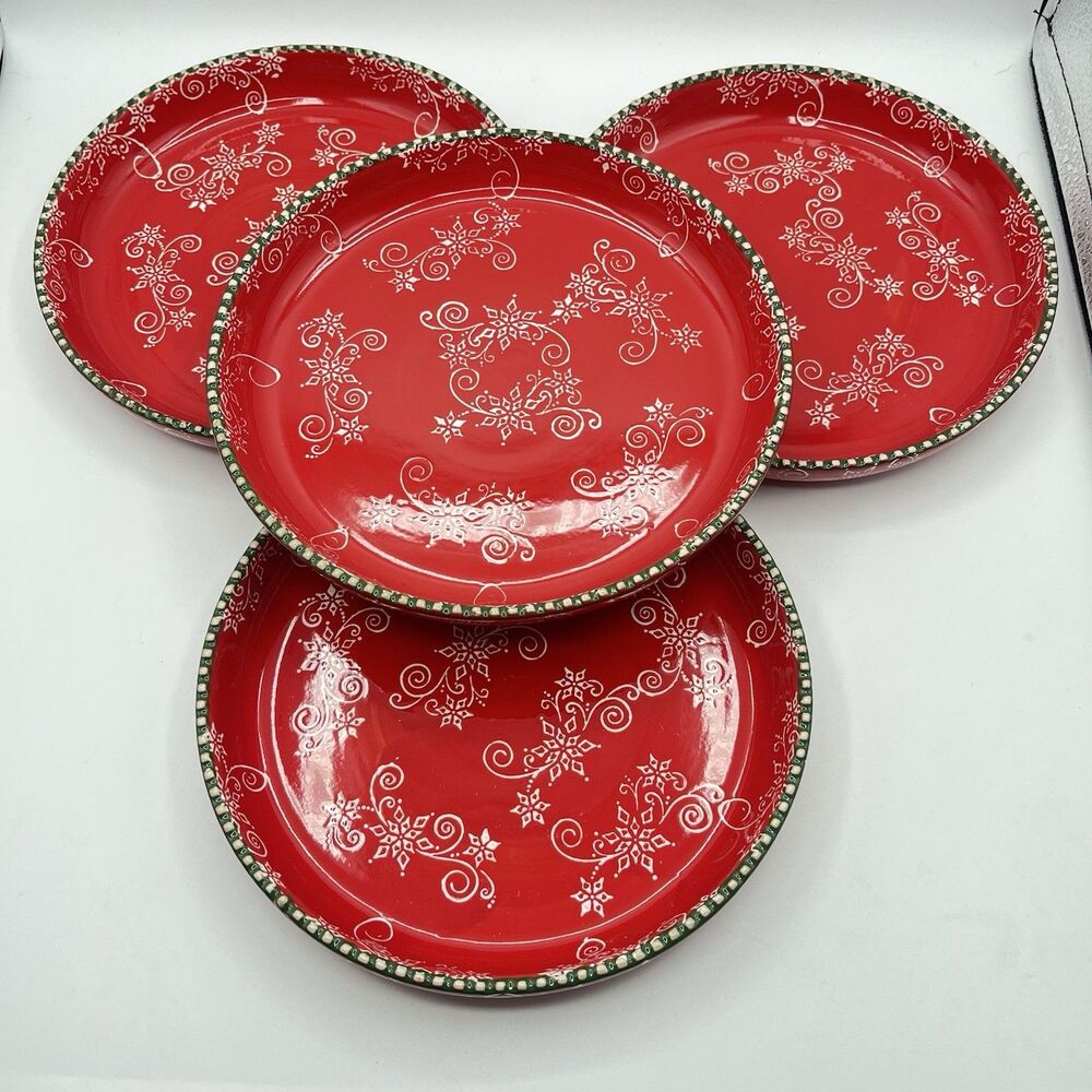Temp-Tations 8 “ Red Poinsetta Salad Plates With Ruffled Edge - Set Of 4